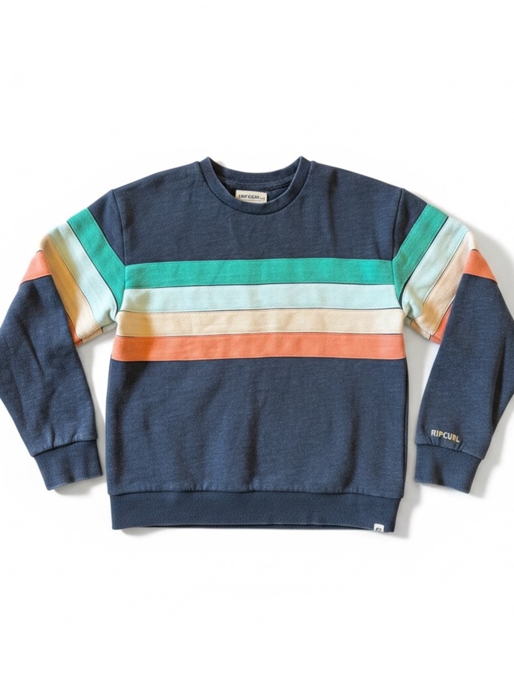 Boys Rip Curl Navy Crewneck Sweatshirt with Mint, Cream & Coral Stripes